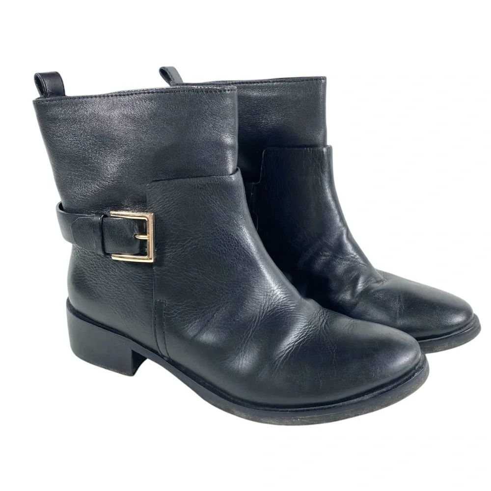Tory Burch Black Tumbled Leather Moto Ankle Boots Mid Buckle Booties size 9